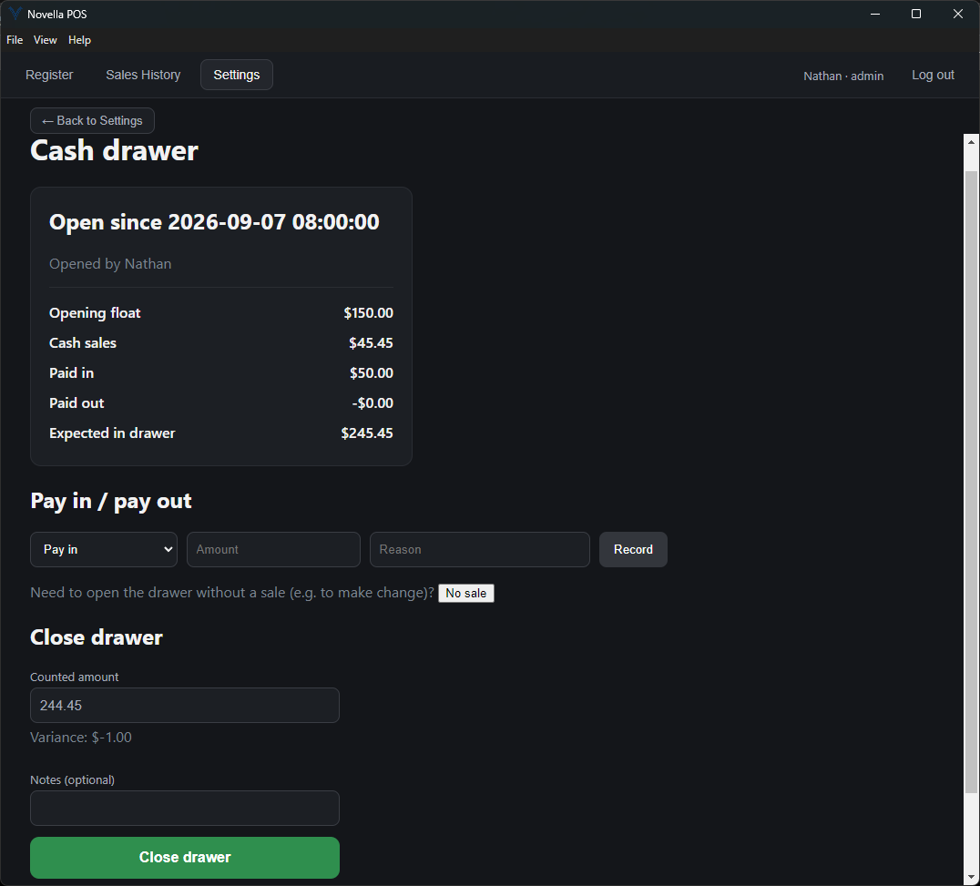 The Cash drawer screen showing opening float, cash sales, paid in and paid out totals and the expected drawer amount, above a close-out field showing the counted amount and the resulting variance.