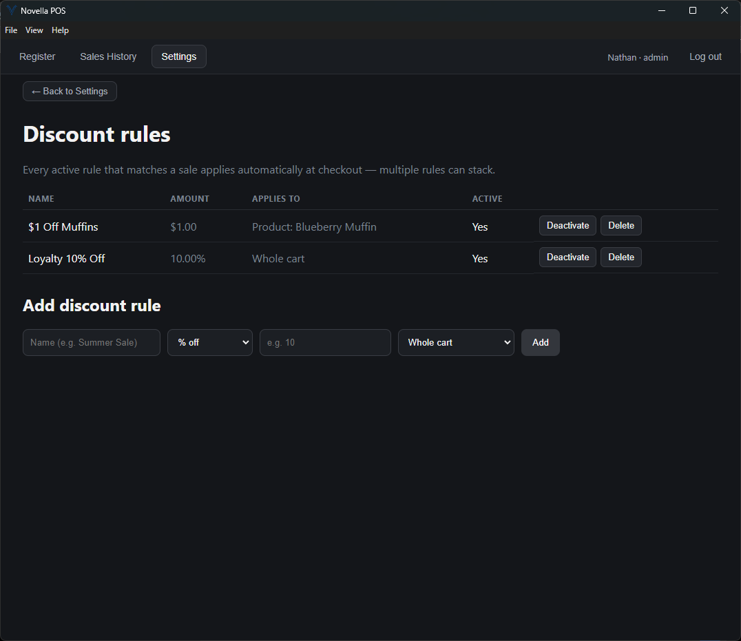 The Discount rules screen listing a fixed-amount product discount and a percentage cart discount, above a form for adding a new rule.