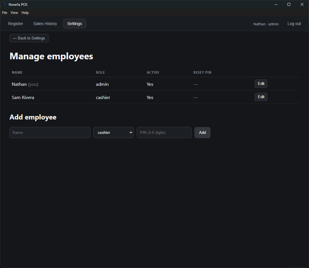 The Manage employees screen listing staff with their role and active status, above a form for adding an employee with a name, role and PIN.