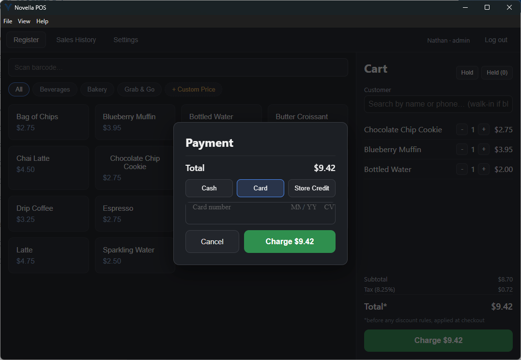 The payment dialog showing the sale total, buttons for cash, card and store credit, and an inline card number field.