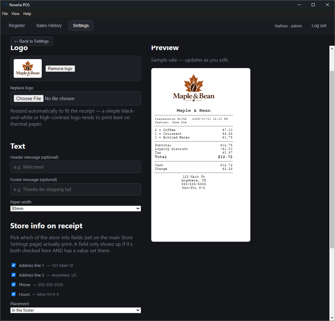 Receipt settings: logo upload, header and footer message fields and store-info checkboxes on the left, with a live receipt preview on the right.