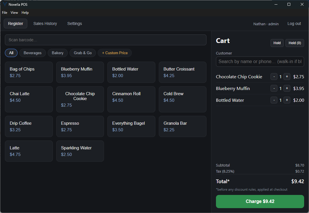 The Novella POS register: a barcode field and category-filtered product grid on the left, the cart with subtotal, tax and total on the right.