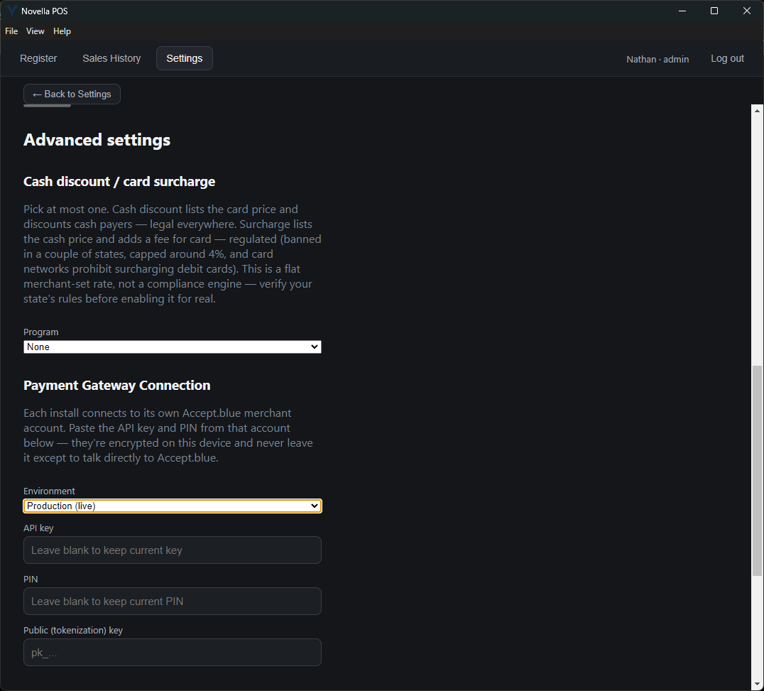 The Advanced settings screen with a cash-discount or card-surcharge program selector, and fields for the Accept.blue environment, API key, PIN and public tokenization key.